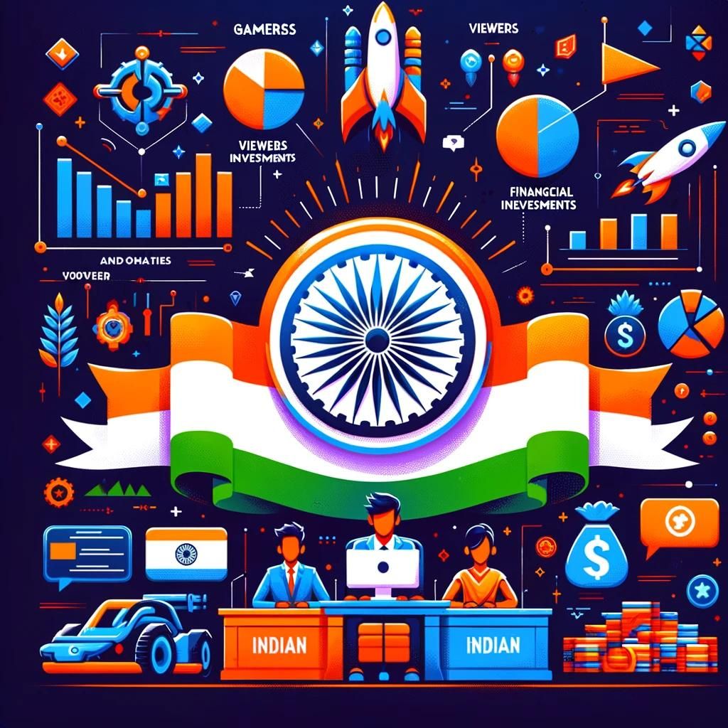 An illustration capturing the vibrant and dynamic world of Indian esports, showcasing gamers in action, cheering crowds, and digital gaming platforms. This image sets the tone for the blog, highlighting the excitement and competitive spirit in India.